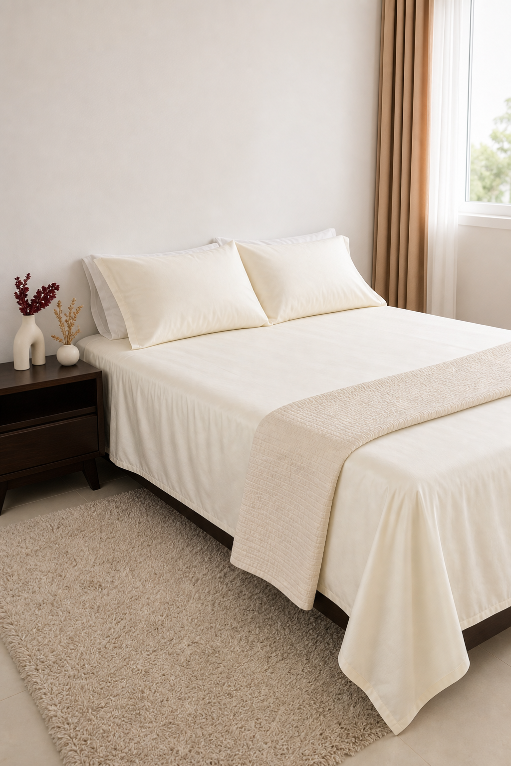 Homlin Sateen Cotton Bedsheet - 500 TC flat sateen sheet in White, generated website angle with matching stitched quilt