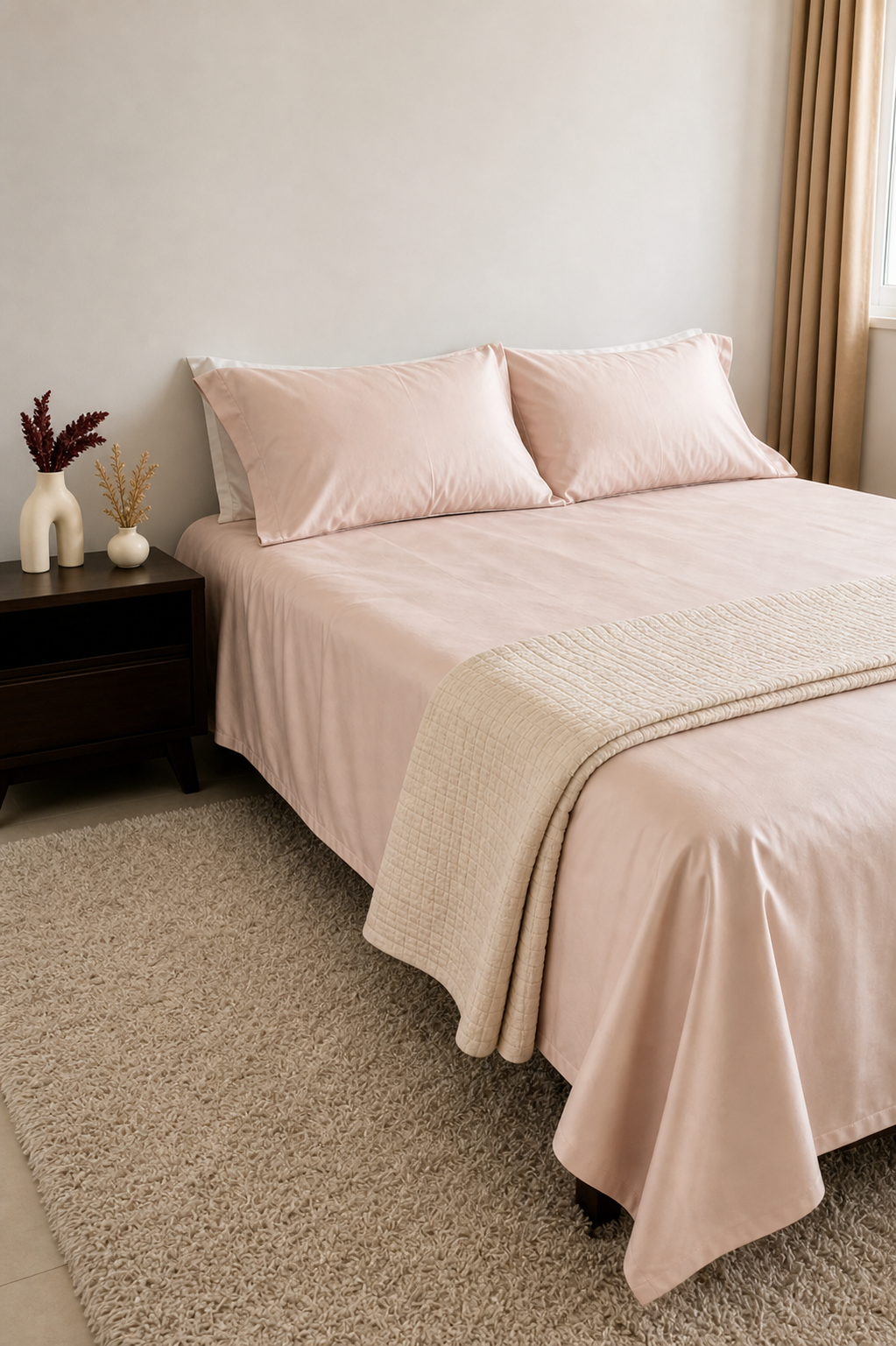 Homlin Luxury Sateen Cotton Bedsheet - 800 TC flat sateen sheet in Simon / Cashmere, 250 x 270 cm, generated website angle with matching stitched quilt