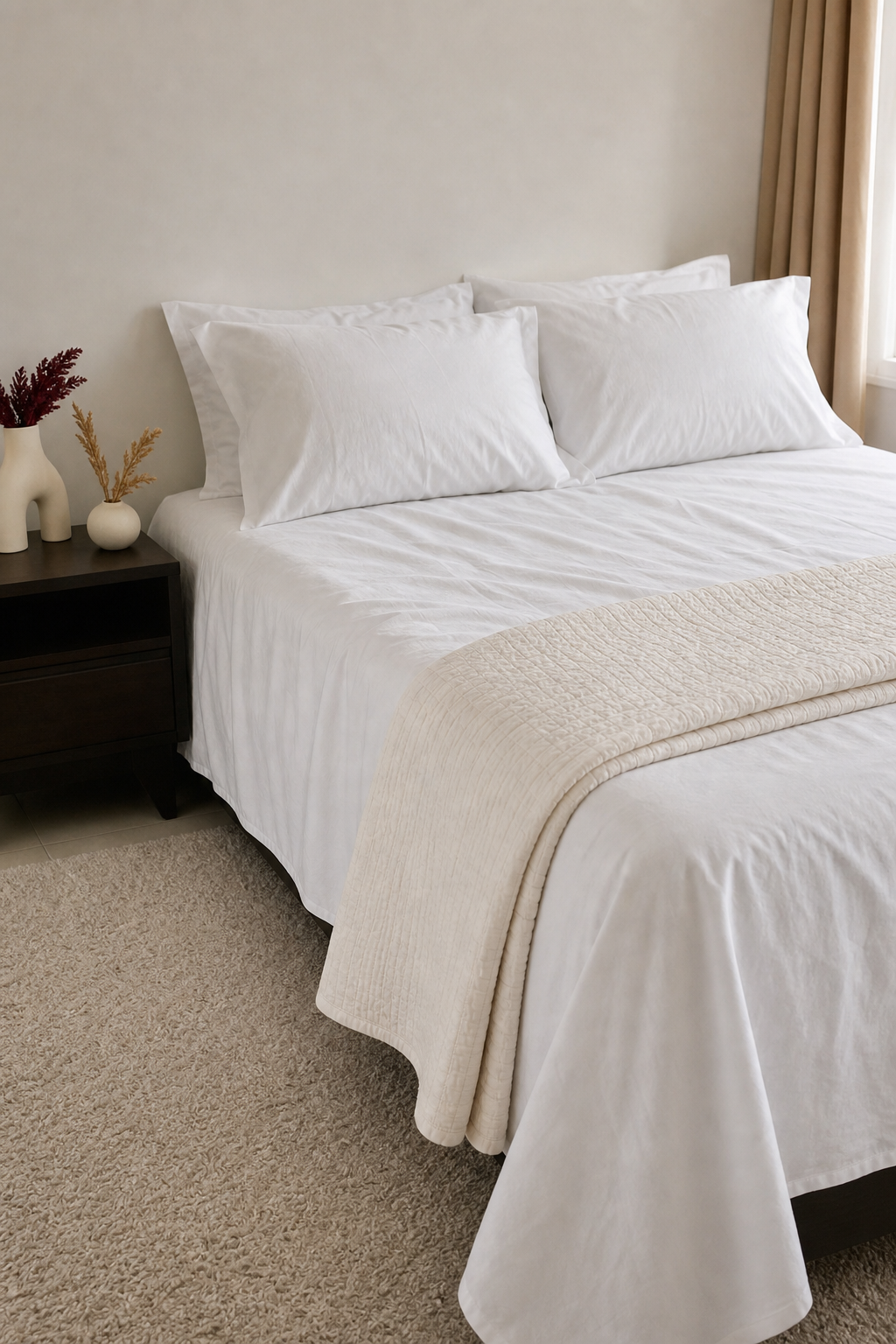 Homlin Washed Percale Bedsheet Set in White with washed cotton texture and matching quilt