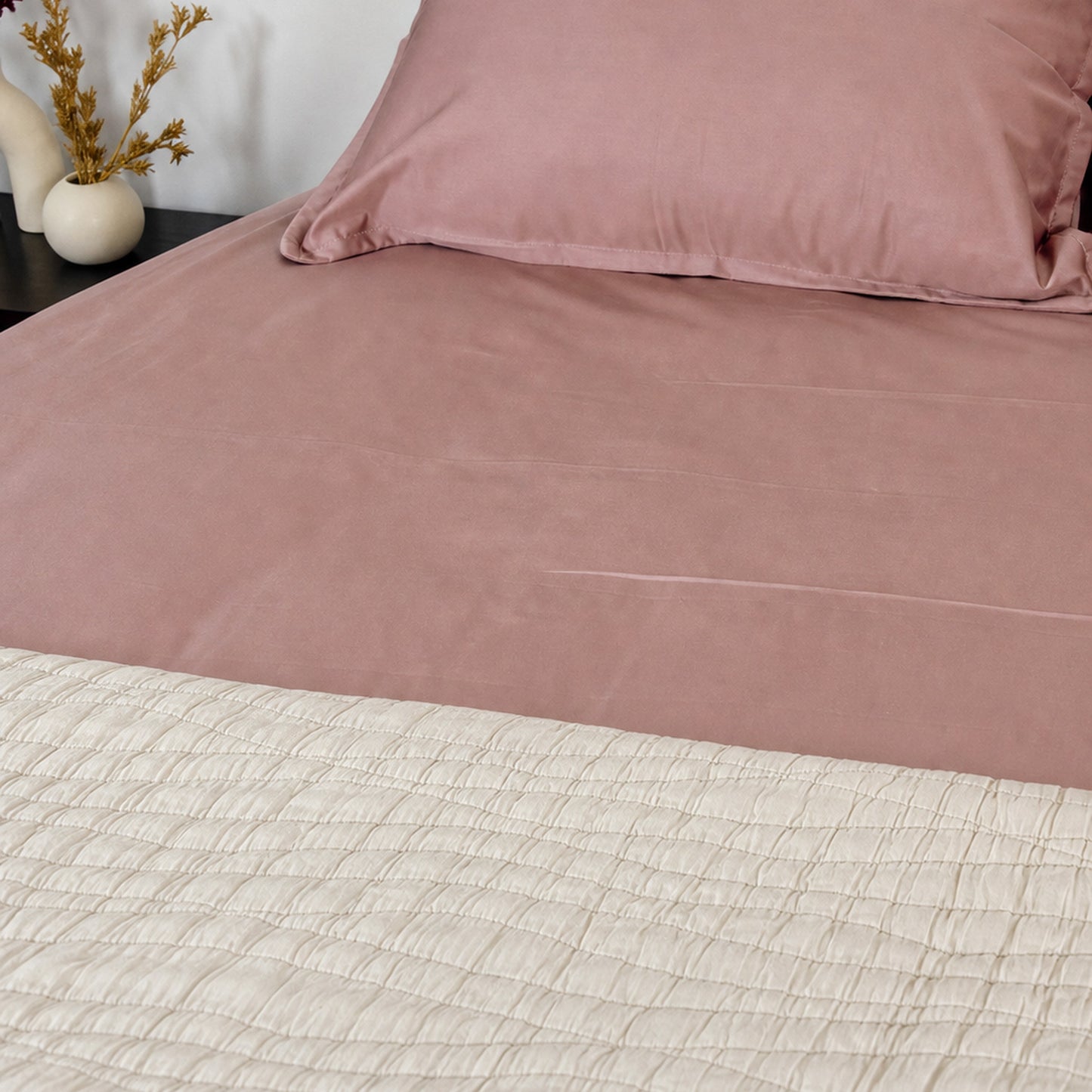 Homlin Premium Sateen Cotton Bedsheet - 600 TC product photo - 05-bedsheet-set-mauve-nightstand-vertical.jpg