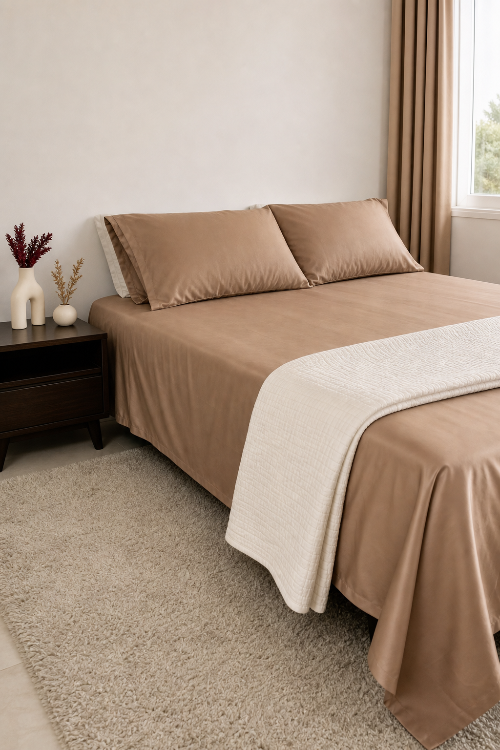Homlin Sateen Cotton Bedsheet - 300 TC flat sateen sheet in Cafe, 250 x 270 cm, generated website angle with matching stitched quilt