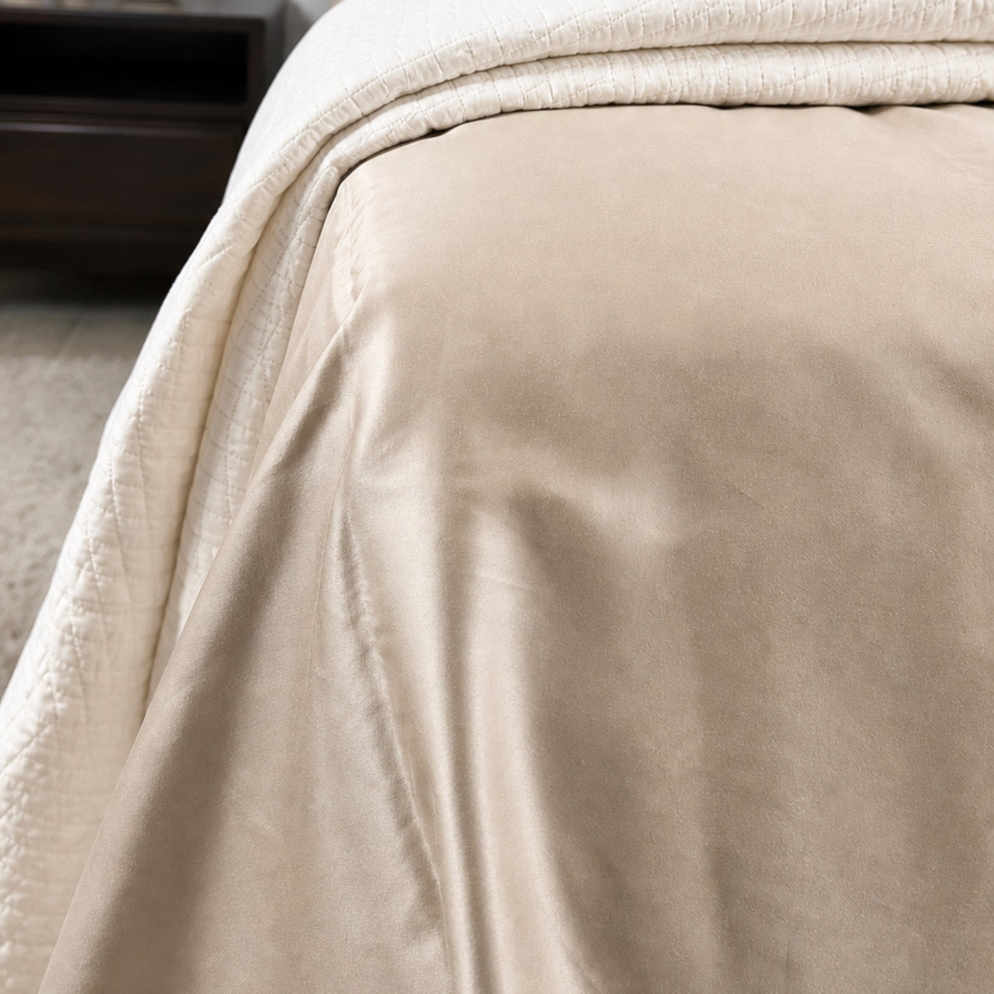 Homlin Luxury Sateen Cotton Bedsheet - 800 TC product photo - 07-bedsheet-set-beige-bedside-vertical.jpg