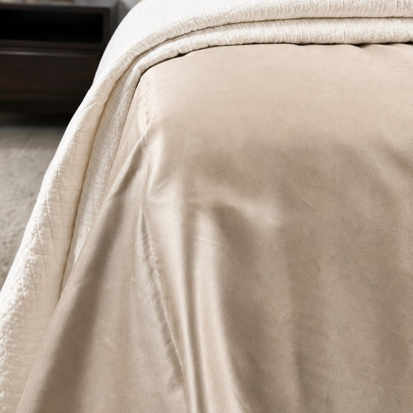 Homlin Premium Sateen Cotton Bedsheet - 600 TC product photo - 07-bedsheet-set-beige-bedside-vertical.jpg