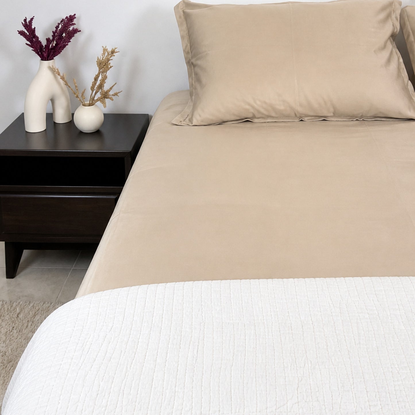 Homlin Sateen Cotton Bedsheet - 300 TC product photo - 08-bedsheet-set-beige-front-vertical.jpg