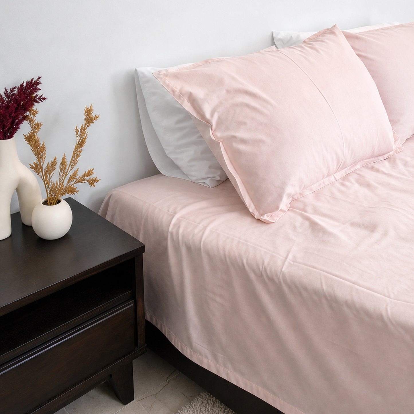 Homlin Sateen Cotton Bedsheet - 300 TC product photo - 11-bedsheet-set-blush-bedside-vertical.jpg