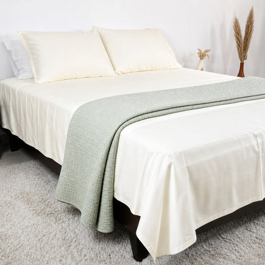 Homlin Premium Sateen Cotton Bedsheet - 600 TC product photo - 12-bedsheet-set-ivory-sage-throw-wide.jpg