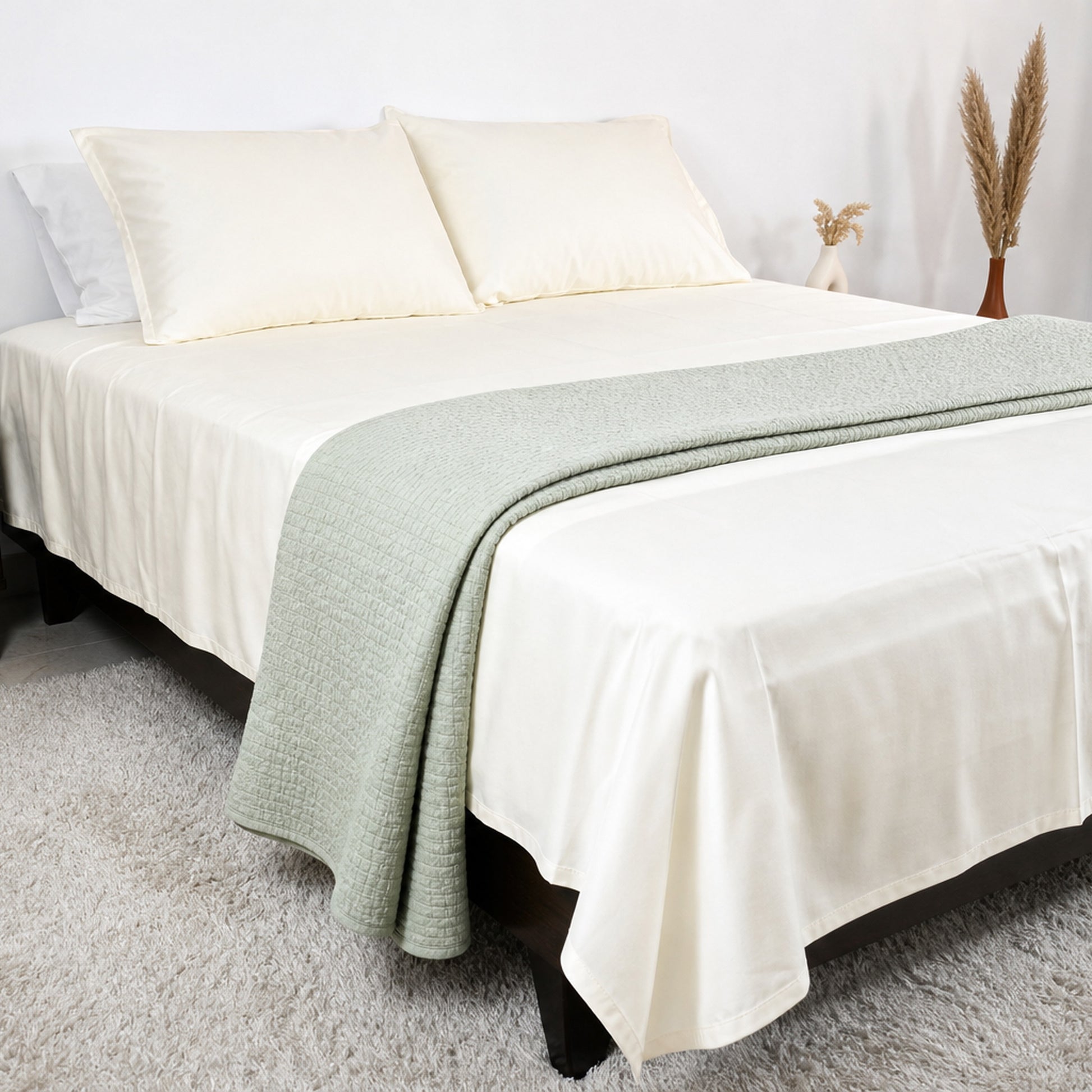 Homlin Luxury Sateen Cotton Bedsheet - 800 TC product photo - 12-bedsheet-set-ivory-sage-throw-wide.jpg