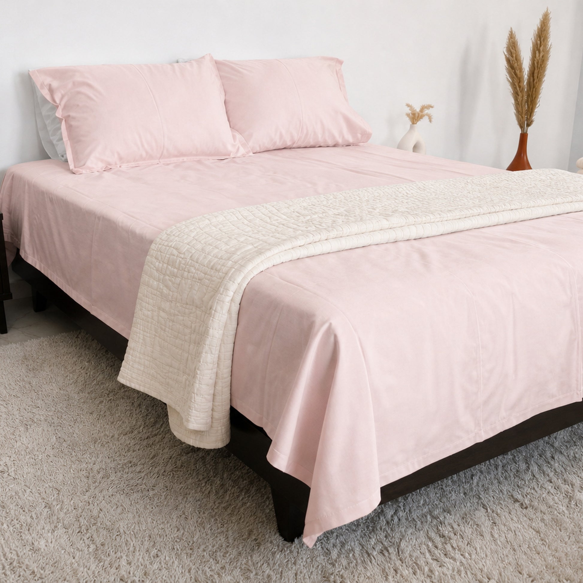 Homlin Sateen Cotton Bedsheet - 300 TC product photo - 15-bedsheet-set-blush-full-wide.jpg