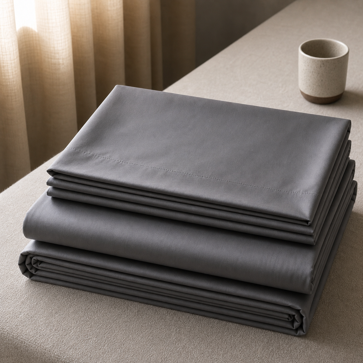 Homlin 800 TC sateen bedsheet folded in dark grey