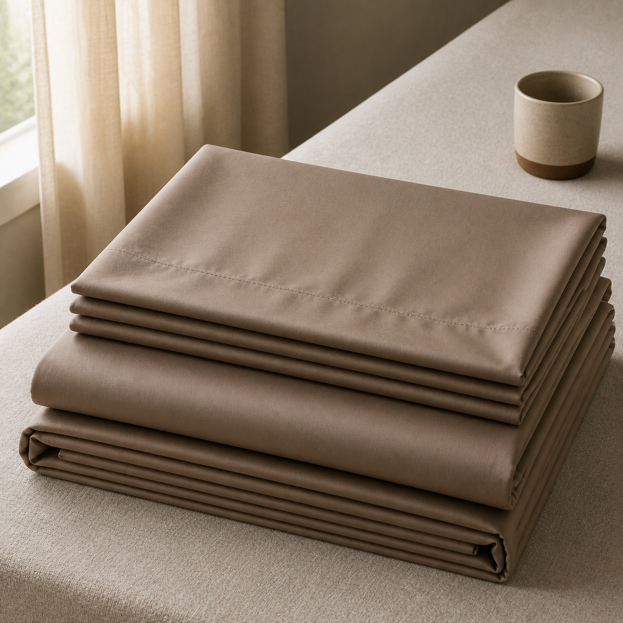 Homlin 600 TC sateen bedsheet folded in cafe