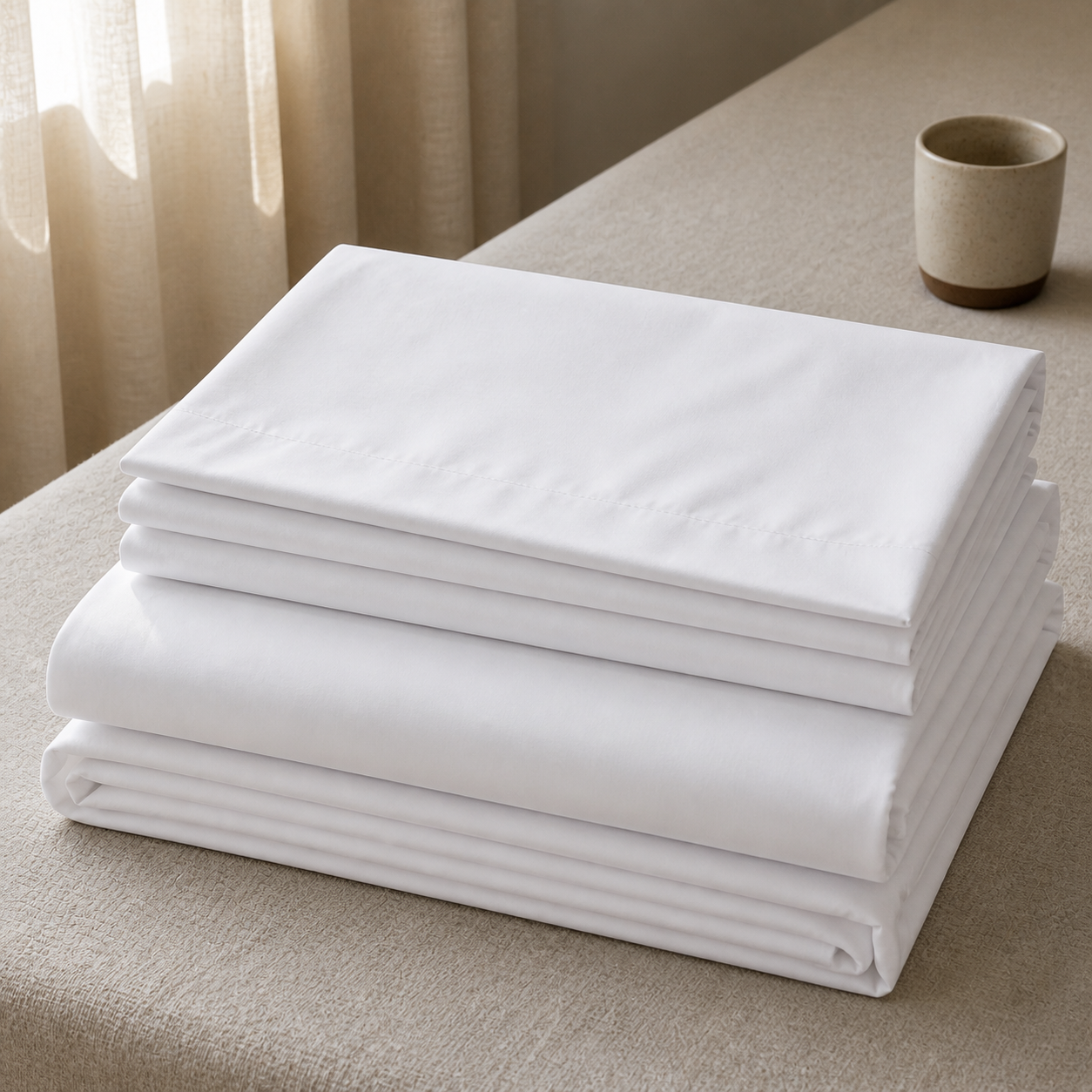 Homlin 300 TC sateen bedsheet folded in white
