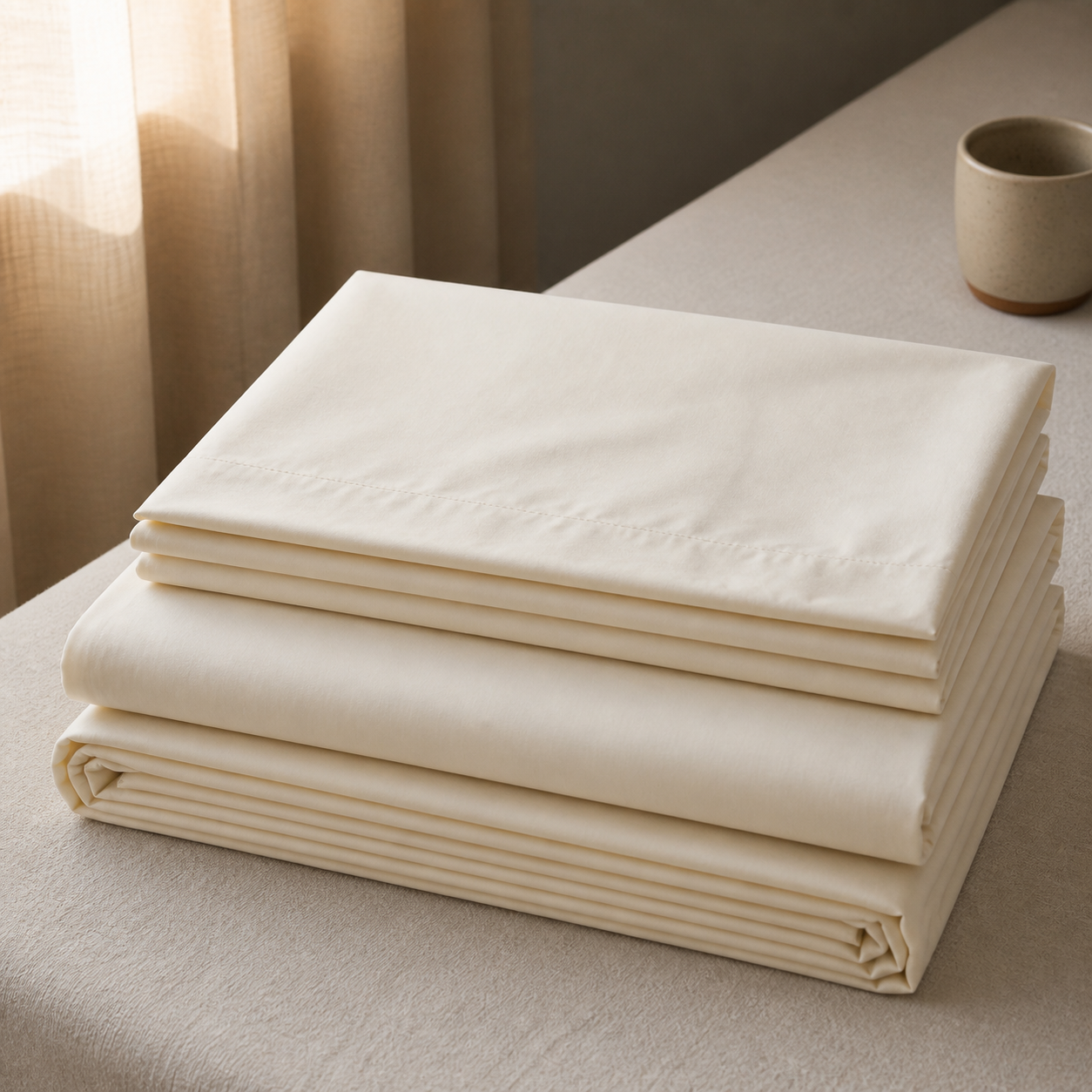 Homlin 300 TC sateen bedsheet folded in cream