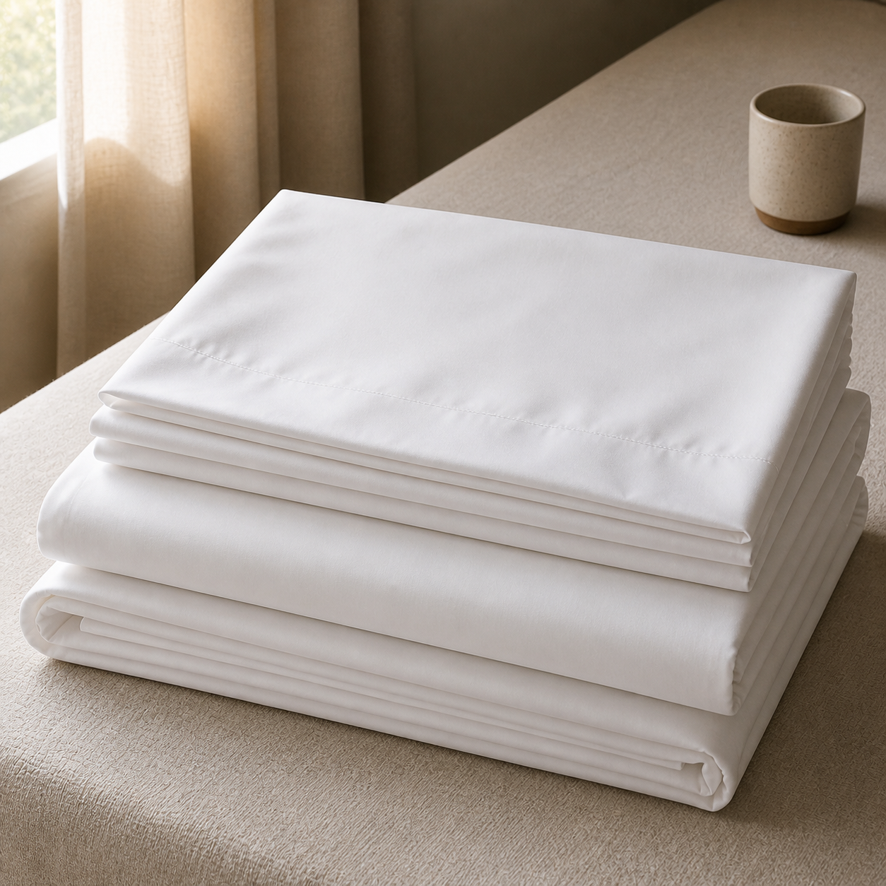 Homlin 500 TC sateen bedsheet folded in white