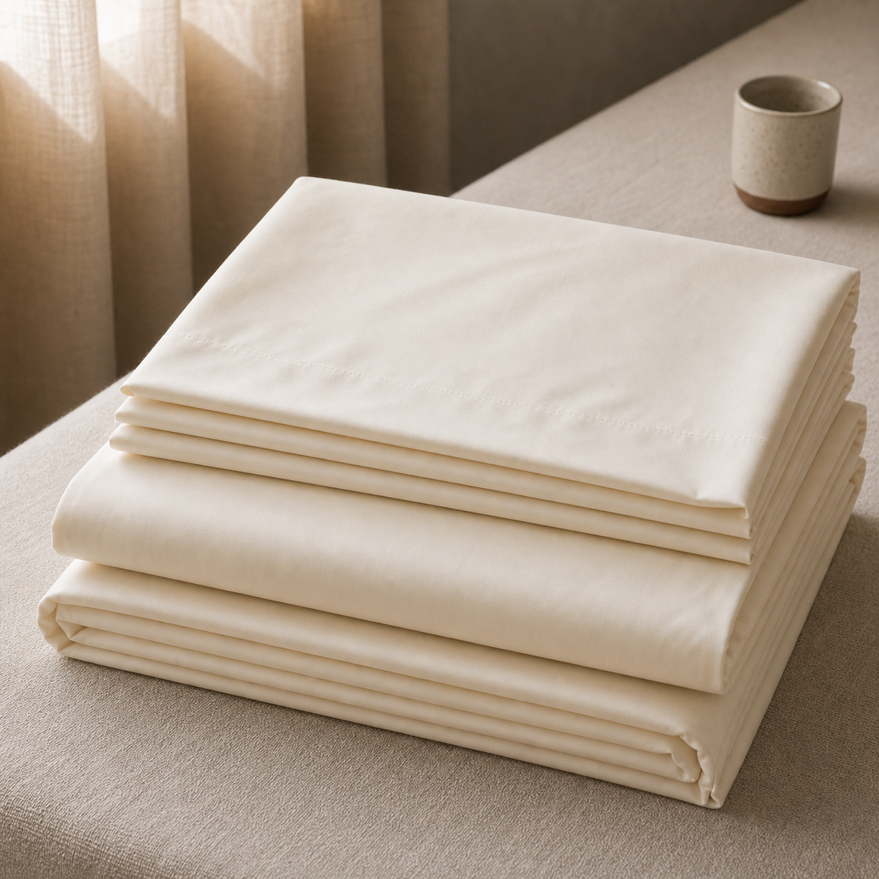 Homlin 500 TC sateen bedsheet folded in cream