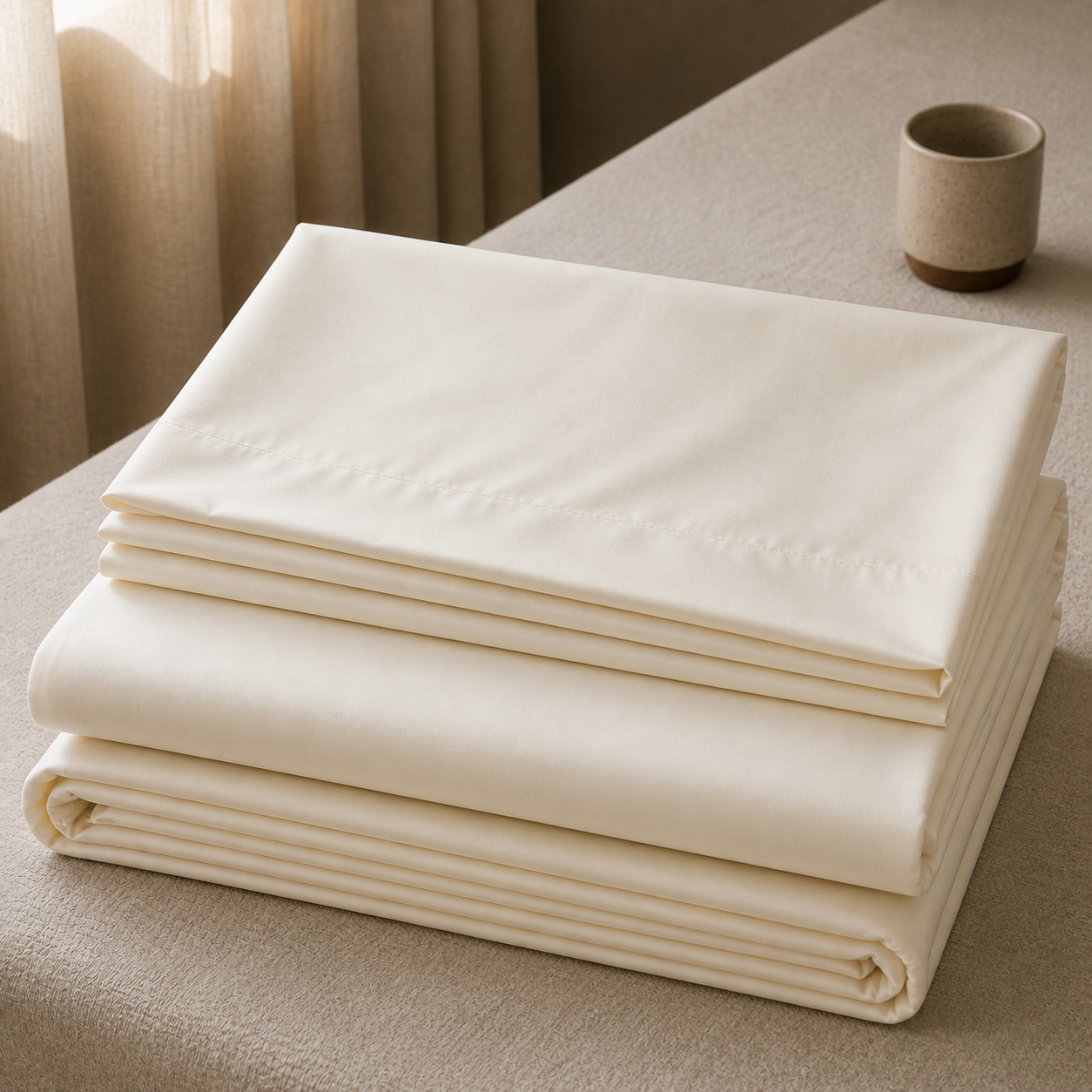 Homlin 500 TC sateen bedsheet folded in off white