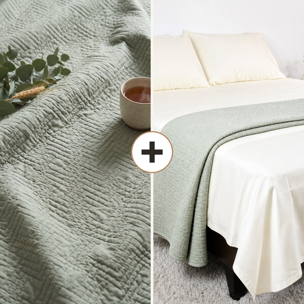 Complete Bed Bundle: Alexandria Mosaic Bed Cover + 500 TC Sheet (Sage Leaf)