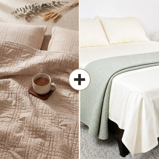 Complete Bed Bundle: Eternal Horizon Ripple Quilt + 500 TC Sheet (Desert Sand)