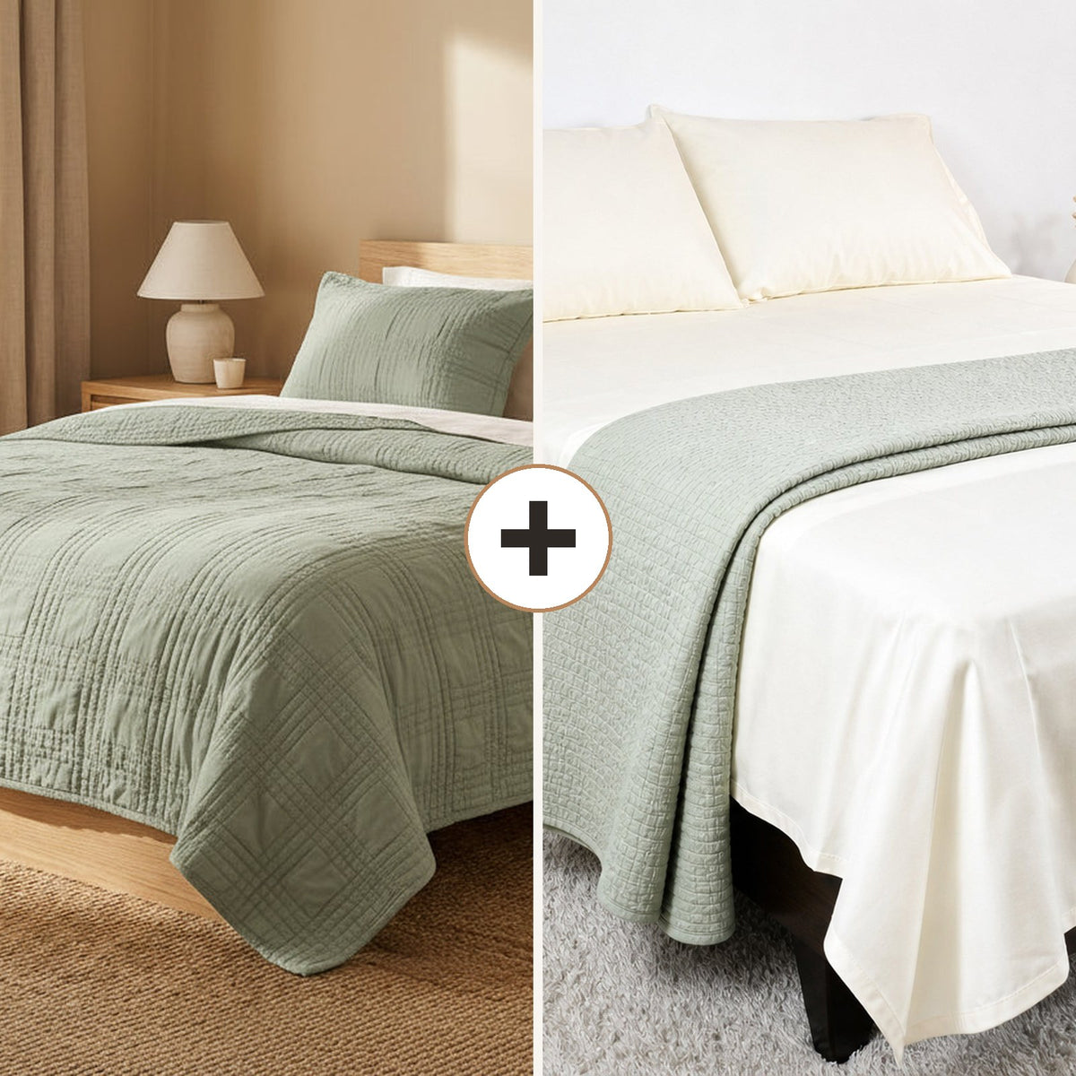 Complete Bed Bundle: Eternal Horizon Ripple Quilt + 500 TC Sheet (Sage Leaf)