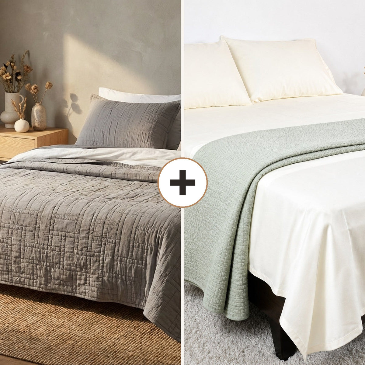 Complete Bed Bundle: Luxor Heritage Grid Quilt + 500 TC Sheet (Charcoal Slate)