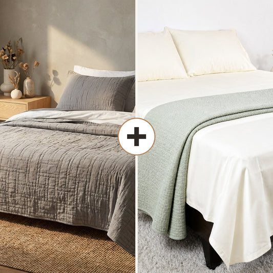 Complete Bed Bundle: Luxor Heritage Grid Quilt + 500 TC Sheet (Charcoal Slate)