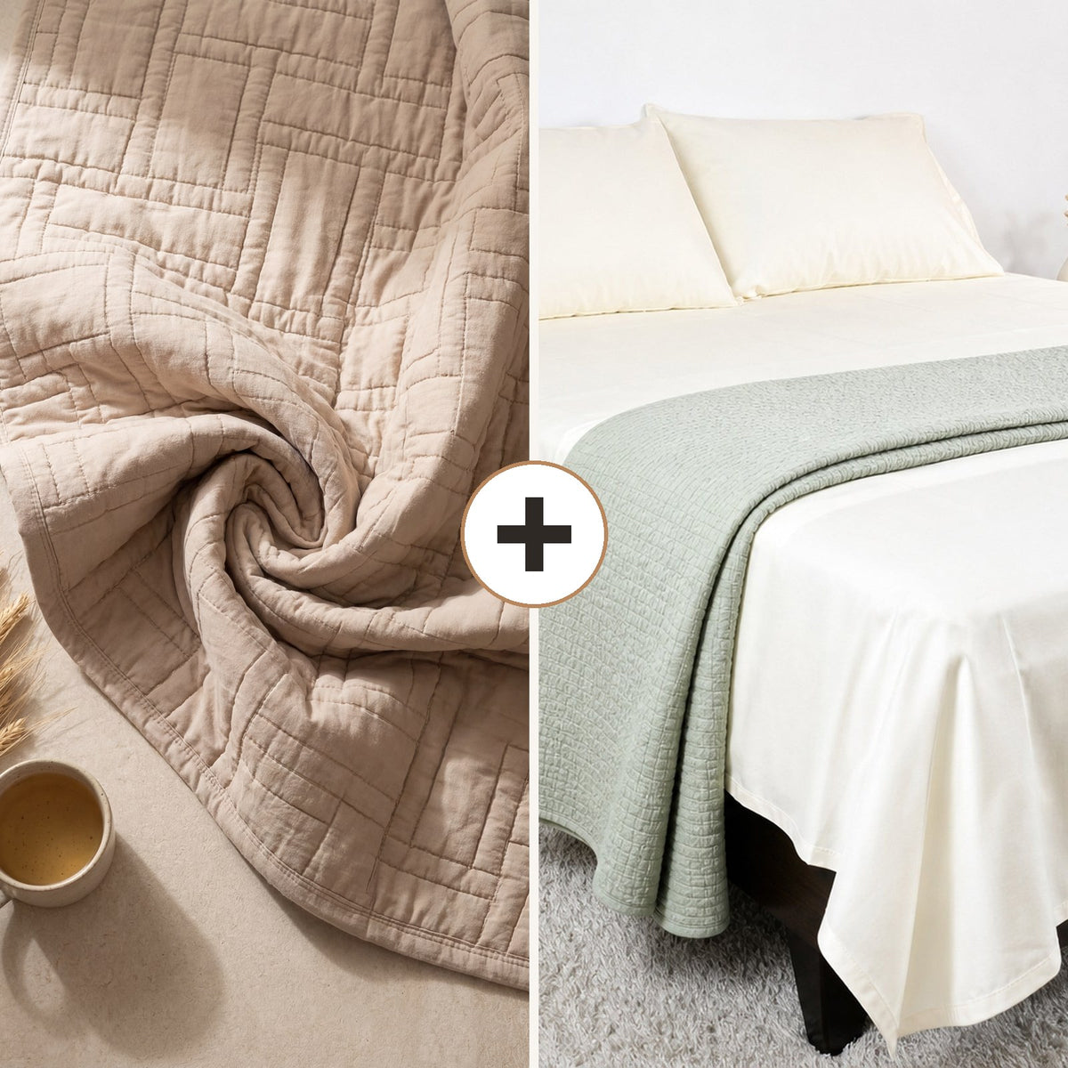 Complete Bed Bundle: Luxor Heritage Grid Quilt + 500 TC Sheet (Desert Sand)