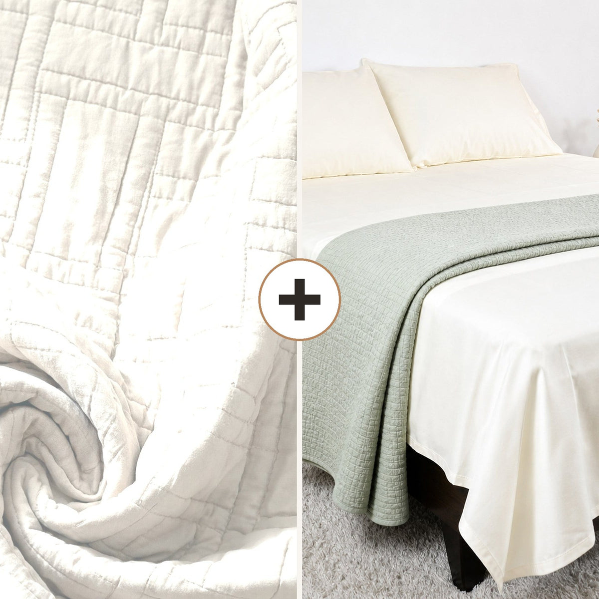 Complete Bed Bundle: Luxor Heritage Grid Quilt + 500 TC Sheet (Ivory Mist)