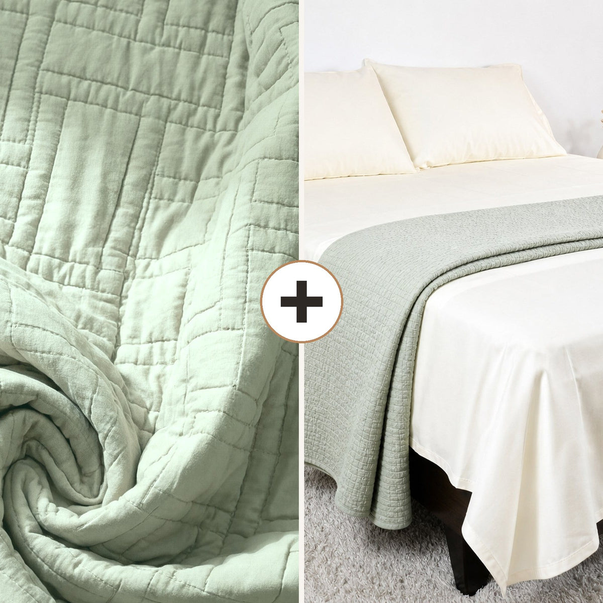 Complete Bed Bundle: Luxor Heritage Grid Quilt + 500 TC Sheet (Sage Leaf)