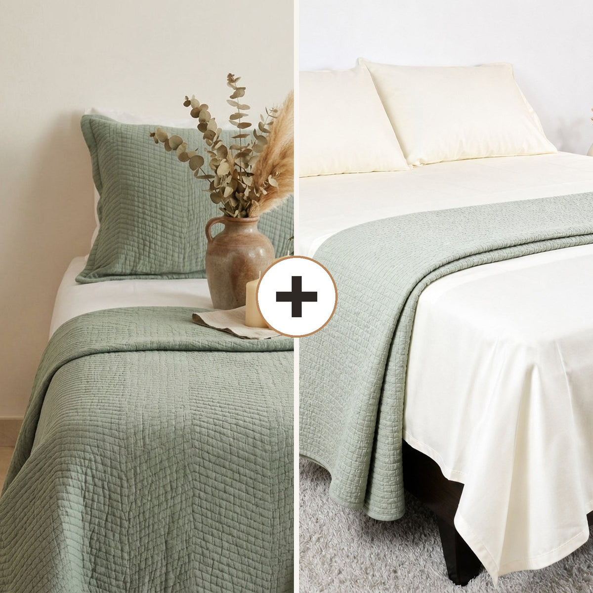 Complete Bed Bundle: Royal Giza Quilt + 500 TC Sheet (Sage Leaf)