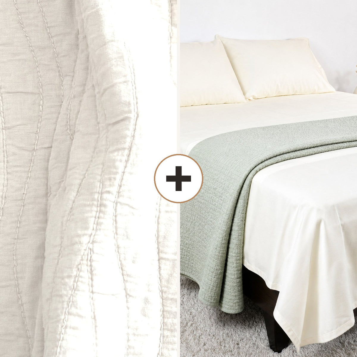 Complete Bed Bundle: Serene Nile Wave Quilt + 500 TC Sheet (Ivory Mist)