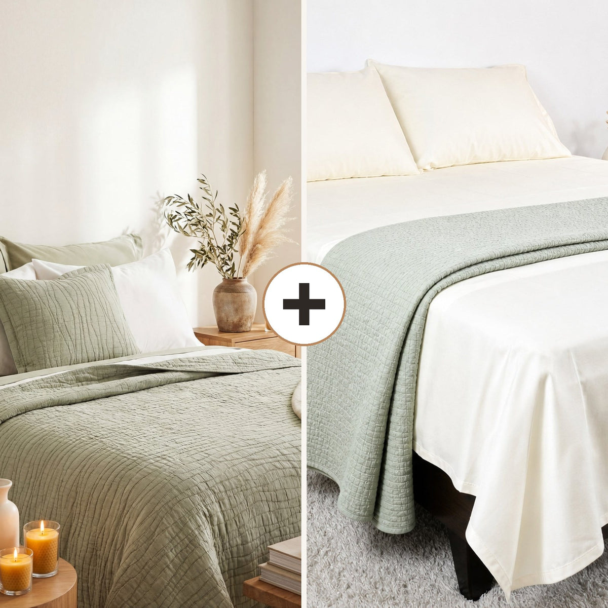 Complete Bed Bundle: Serene Nile Wave Quilt + 500 TC Sheet (Sage Leaf)