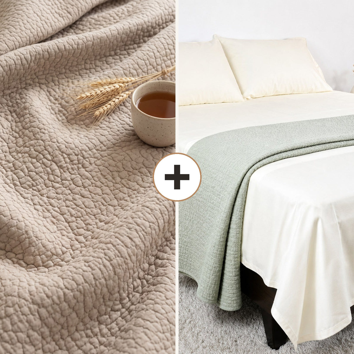 Complete Bed Bundle: Siwa Pebble Quilt + 500 TC Sheet (Desert Sand)