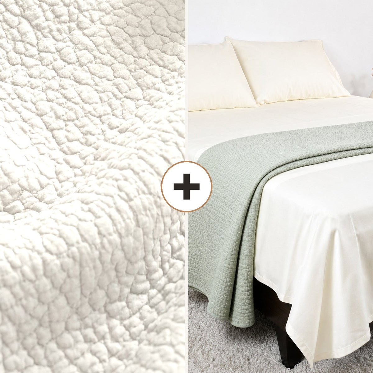 Complete Bed Bundle: Siwa Pebble Quilt + 500 TC Sheet (Ivory Mist)