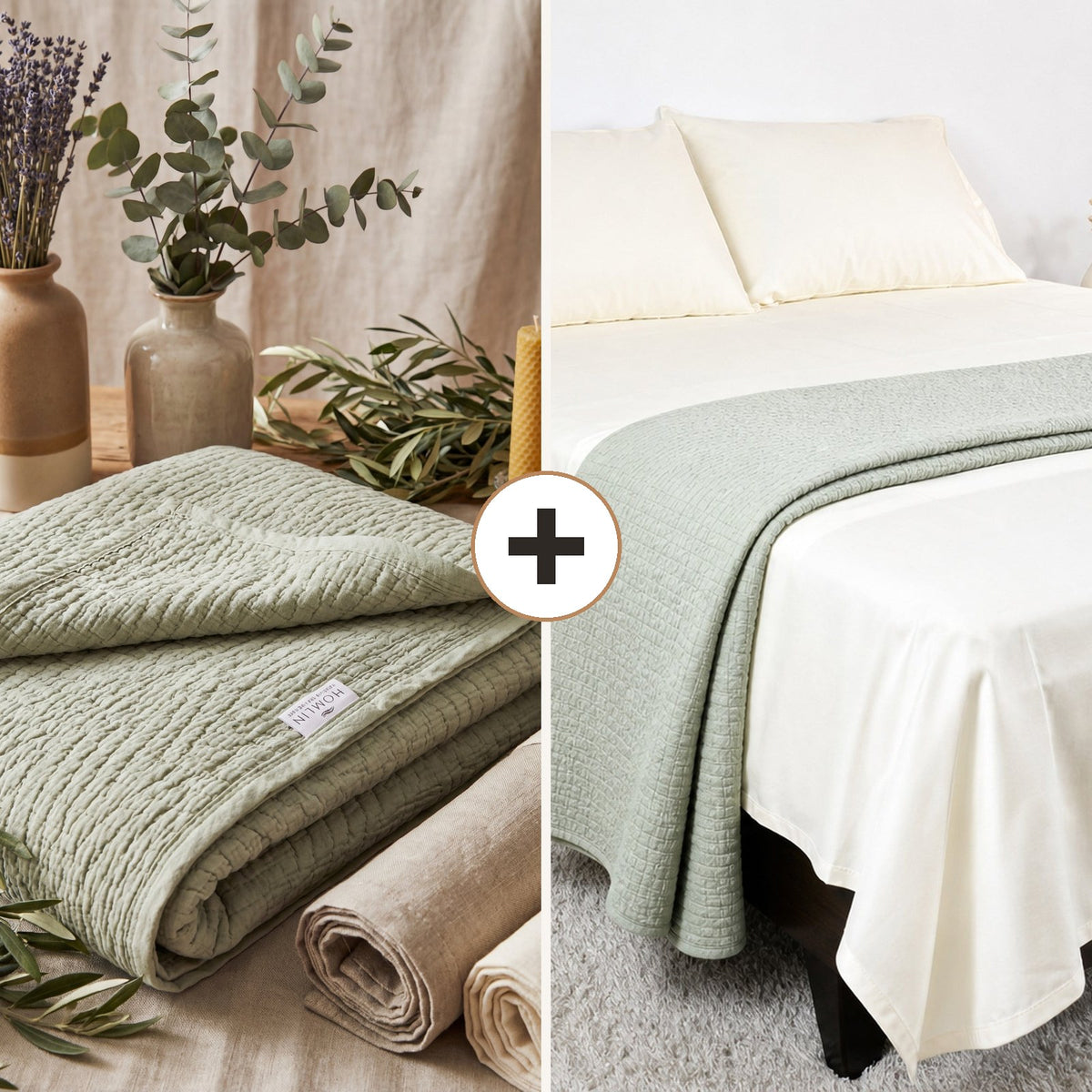 Complete Bed Bundle: Siwa Pebble Quilt + 500 TC Sheet (Sage Leaf)